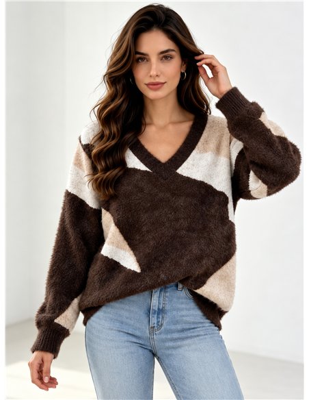 Colour-block fuzzy V-neck sweater