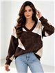 Colour-block fuzzy V-neck sweater