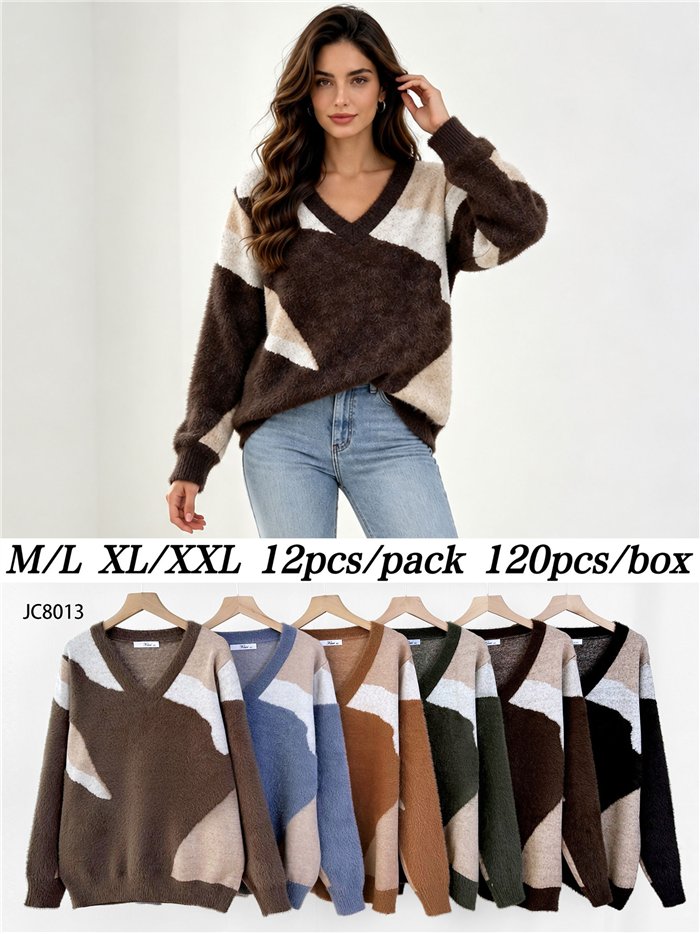 Colour-block fuzzy V-neck sweater