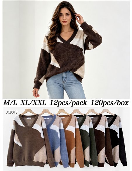 Colour-block fuzzy V-neck sweater