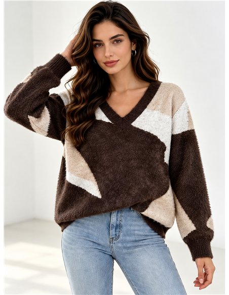Colour-block fuzzy V-neck sweater