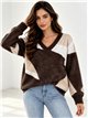 Colour-block fuzzy V-neck sweater