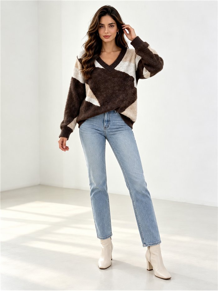 Colour-block fuzzy V-neck sweater