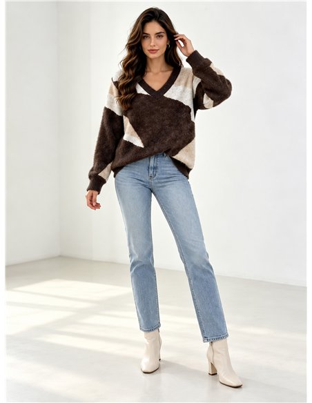 Colour-block fuzzy V-neck sweater