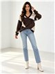 Colour-block fuzzy V-neck sweater