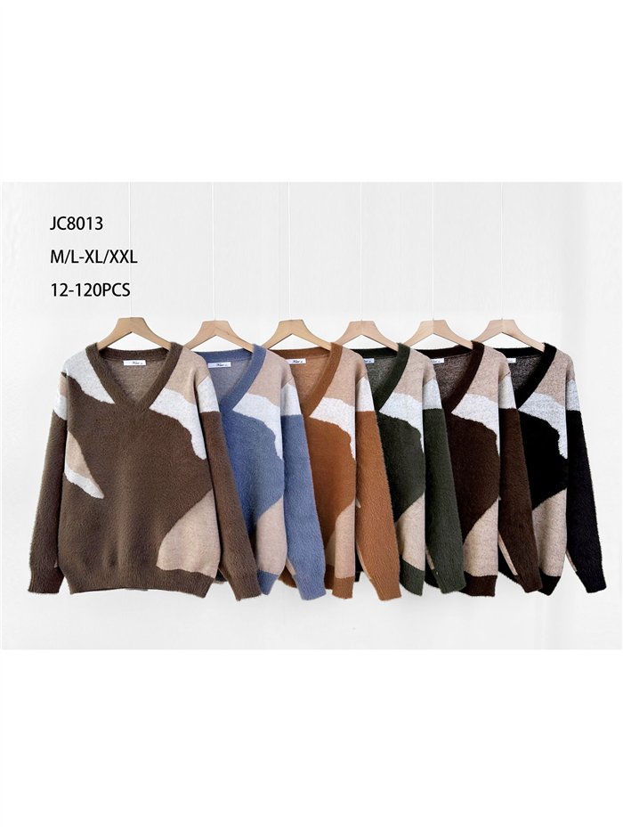 Colour-block fuzzy V-neck sweater
