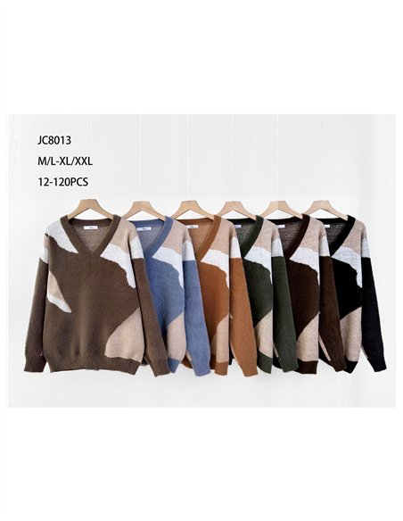 Colour-block fuzzy V-neck sweater