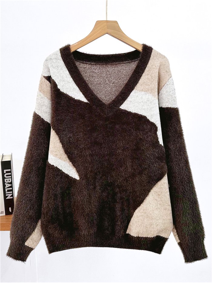 Colour-block fuzzy V-neck sweater