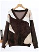 Colour-block fuzzy V-neck sweater