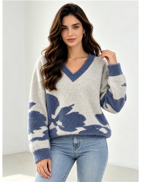 Jersey de pelo suave flores cuello pico