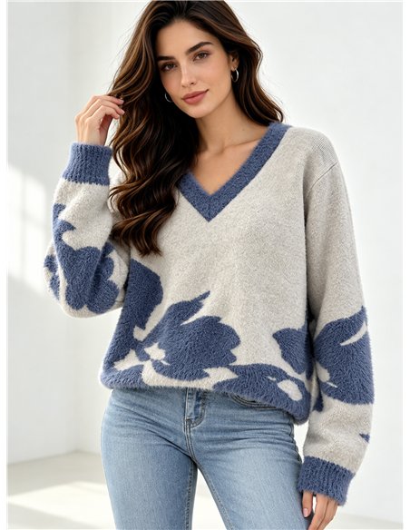 Jersey de pelo suave flores cuello pico