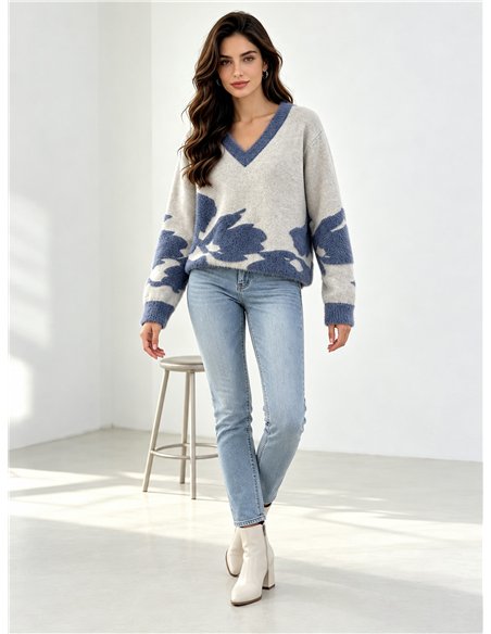 Jersey de pelo suave flores cuello pico