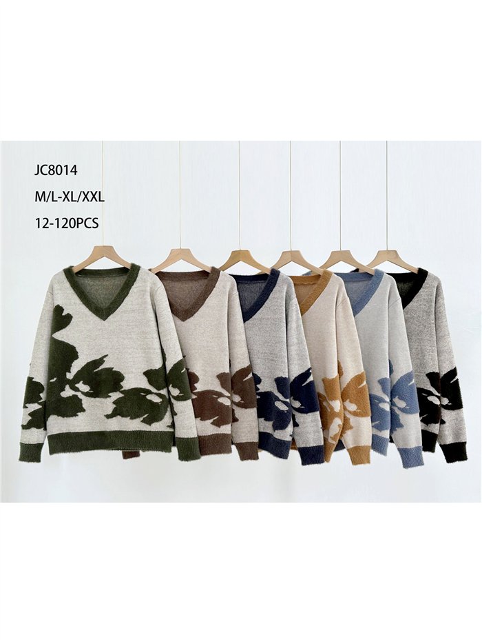 Jersey de pelo suave flores cuello pico