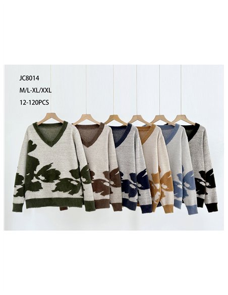 Jersey de pelo suave flores cuello pico