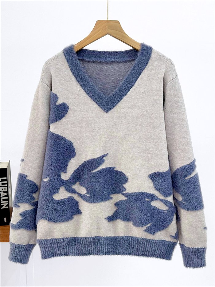 Jersey de pelo suave flores cuello pico