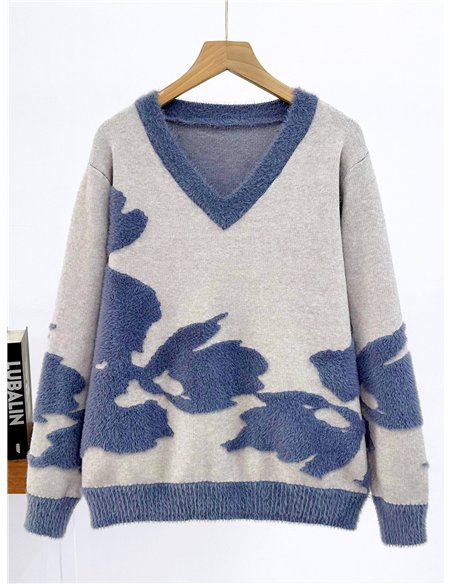 Jersey de pelo suave flores cuello pico