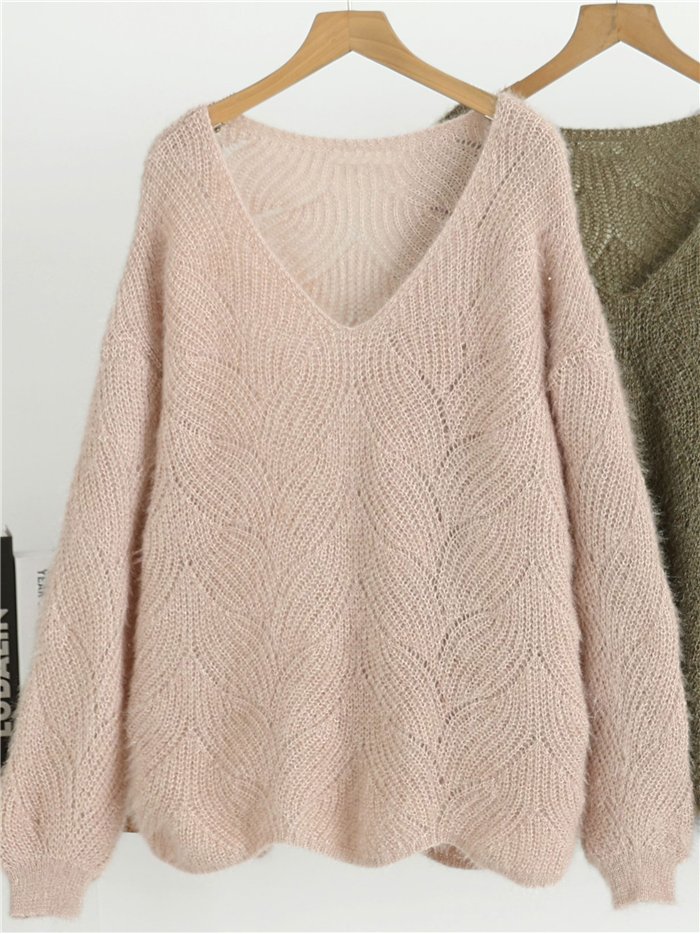 Pull en maille ajourée à col en V