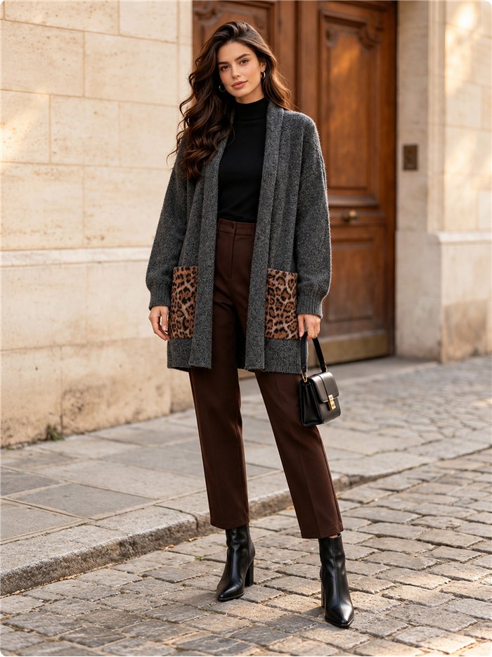 Langer Strickcardigan mit Taschen im Tiermuster