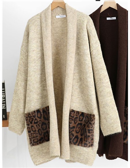 Langer Strickcardigan mit Taschen im Tiermuster