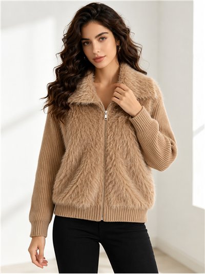 Faux fur panel knit jacket