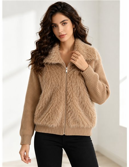 Faux fur panel knit jacket