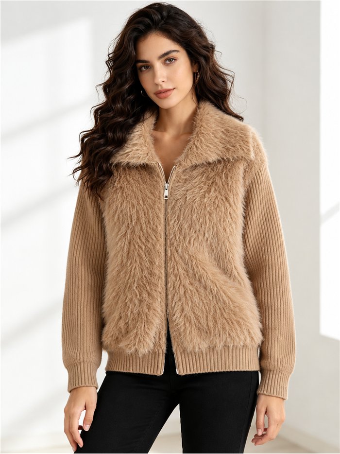 Faux fur panel knit jacket