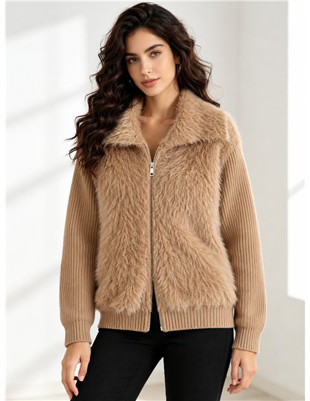 Faux fur panel knit jacket