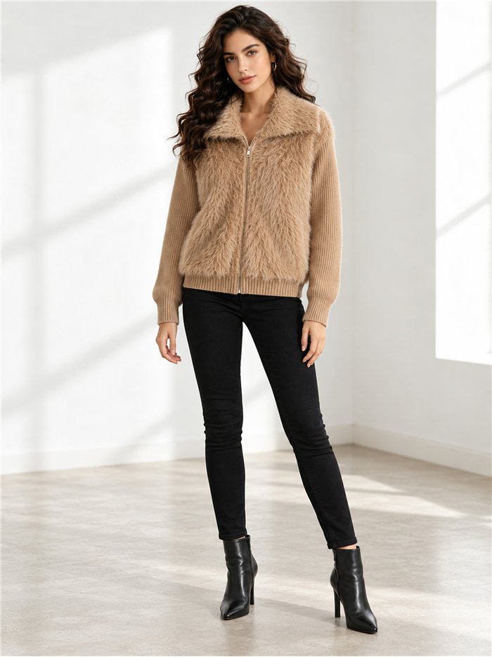 Faux fur panel knit jacket