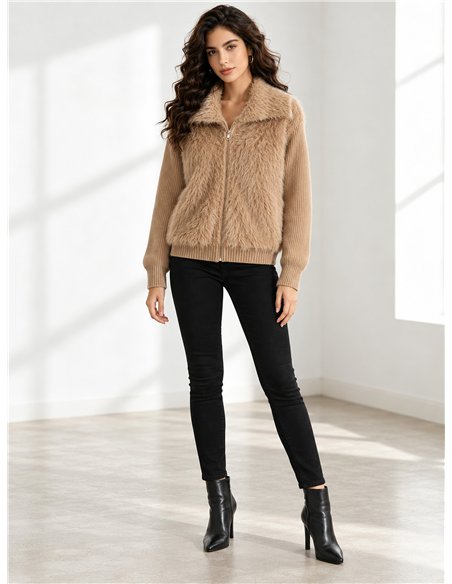 Faux fur panel knit jacket