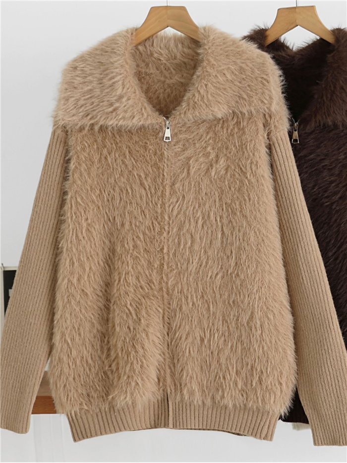 Faux fur panel knit jacket