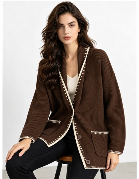 Cardigan lungo in maglia con bordi a contrasto