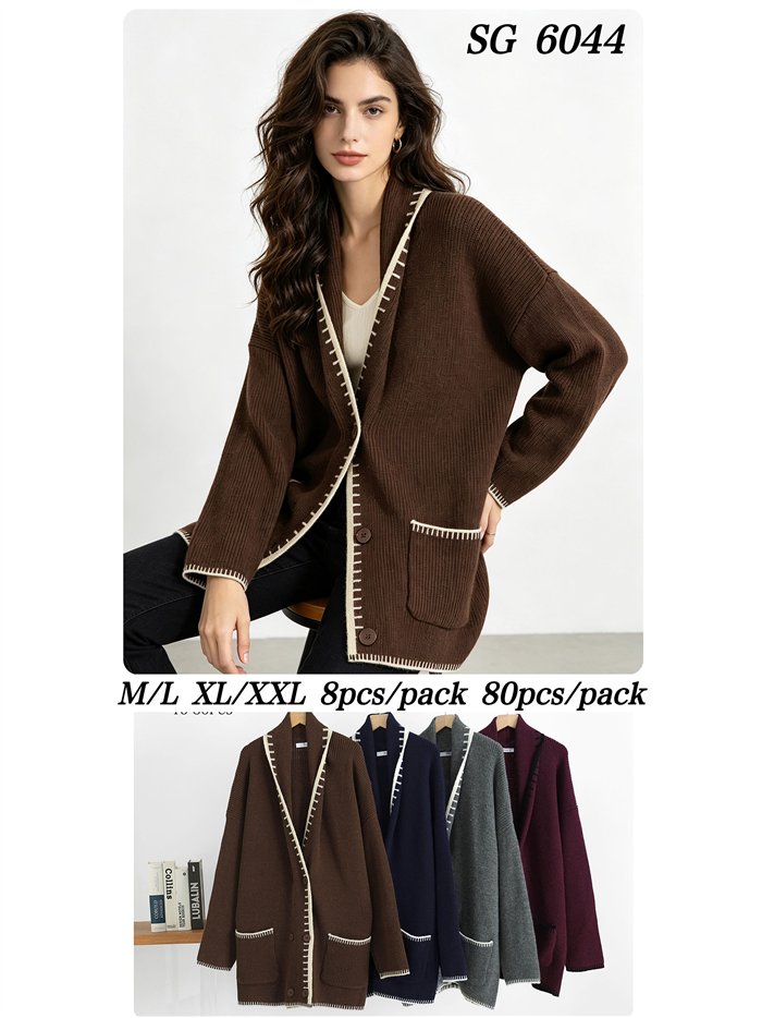 Cardigan lungo in maglia con bordi a contrasto
