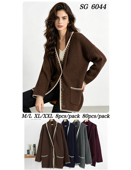 Cardigan lungo in maglia con bordi a contrasto