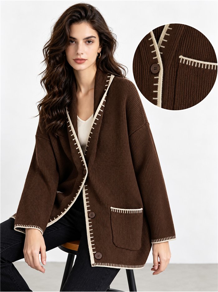 Cardigan lungo in maglia con bordi a contrasto