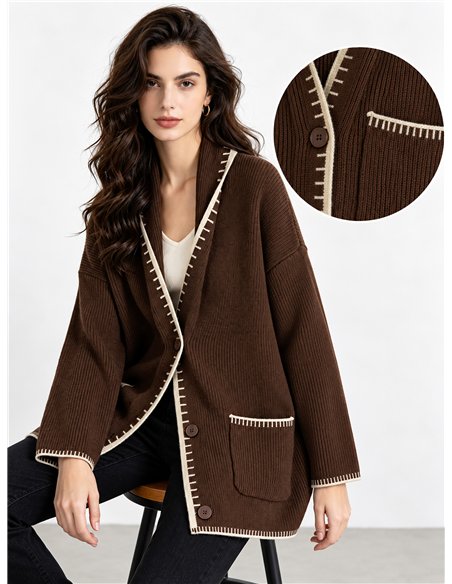 Cardigan lungo in maglia con bordi a contrasto