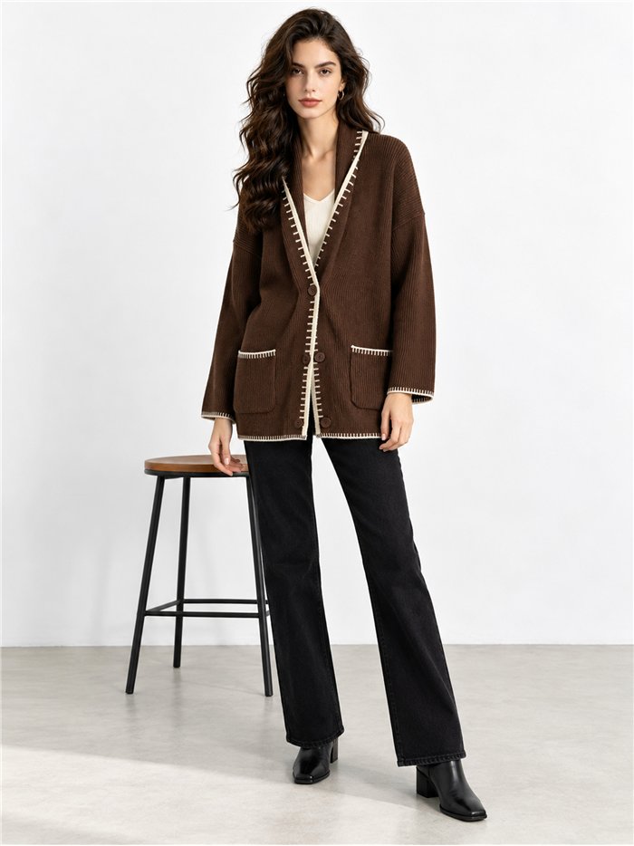 Cardigan lungo in maglia con bordi a contrasto