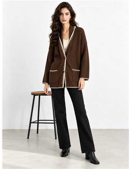 Cardigan lungo in maglia con bordi a contrasto