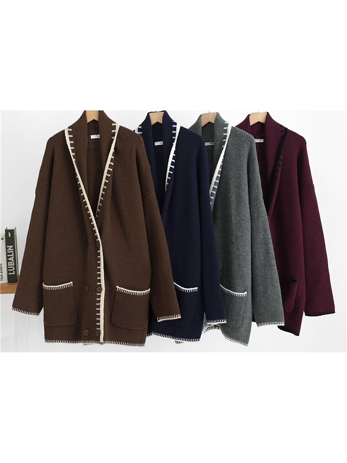 Cardigan lungo in maglia con bordi a contrasto