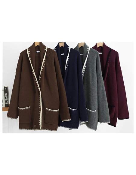 Cardigan lungo in maglia con bordi a contrasto