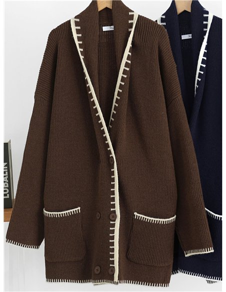 Cardigan lungo in maglia con bordi a contrasto