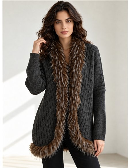 Long cardigan en maille bordé de fourrure
