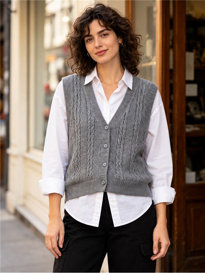 Classic cable knit button vest