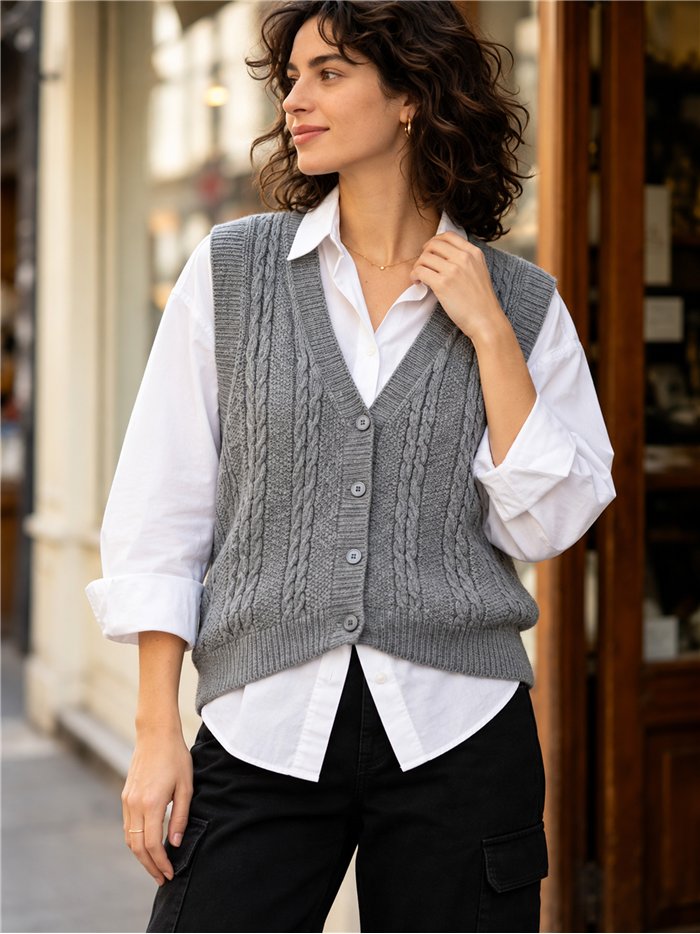 Classic cable knit button vest