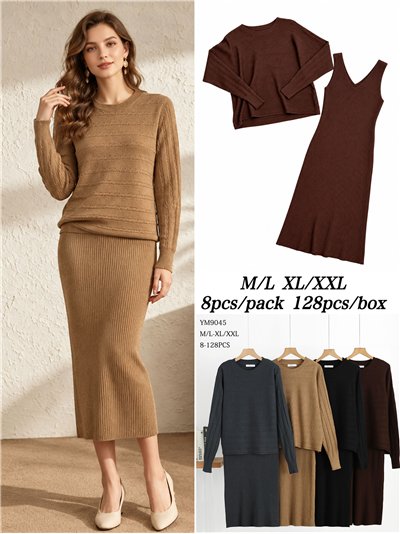 Conjunto jersey de punto trenzado y vestido tirante 2