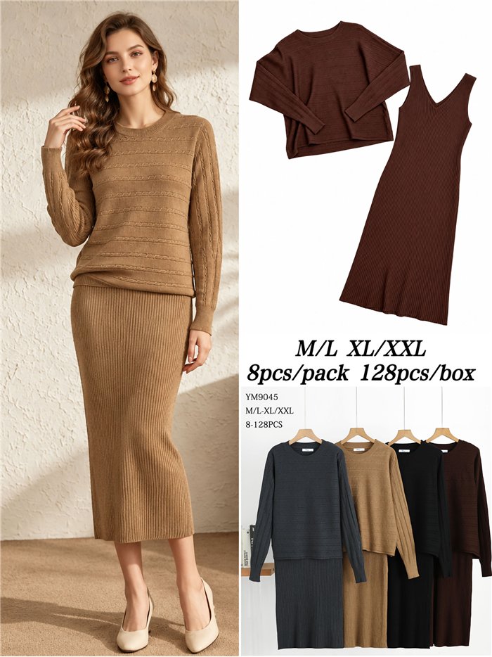 Conjunto jersey de punto trenzado y vestido tirante
