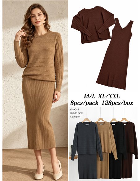 Conjunto jersey de punto trenzado y vestido tirante