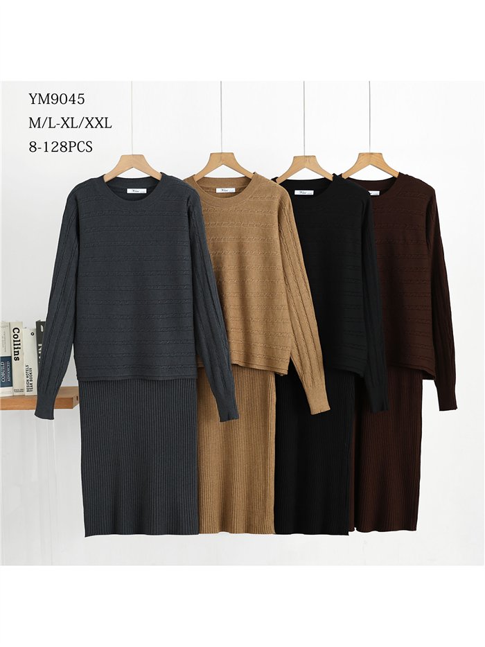 Conjunto jersey de punto trenzado y vestido tirante