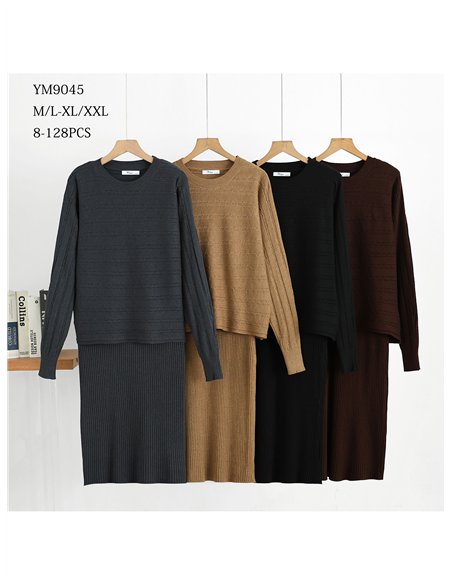 Conjunto jersey de punto trenzado y vestido tirante