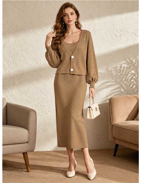 Conjunto de cardigã com botões e vestido sem alças