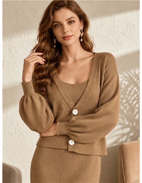 Conjunto de cardigã com botões e vestido sem alças